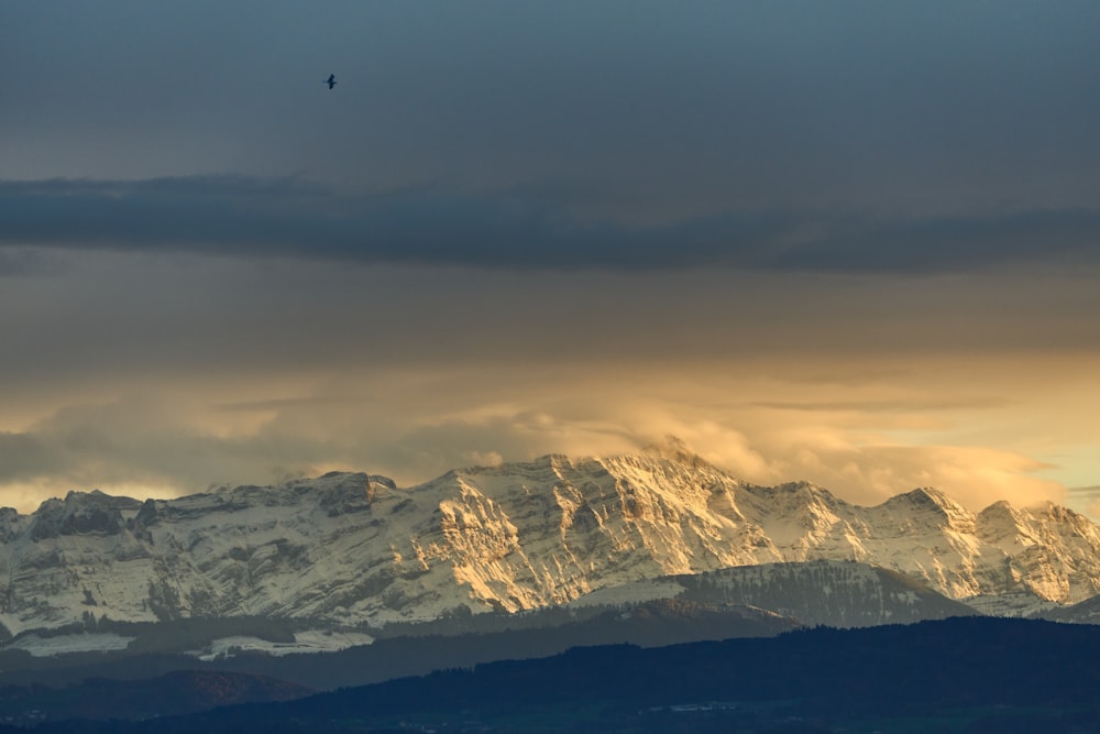 a view of a mountain range with a bird flying in the sky