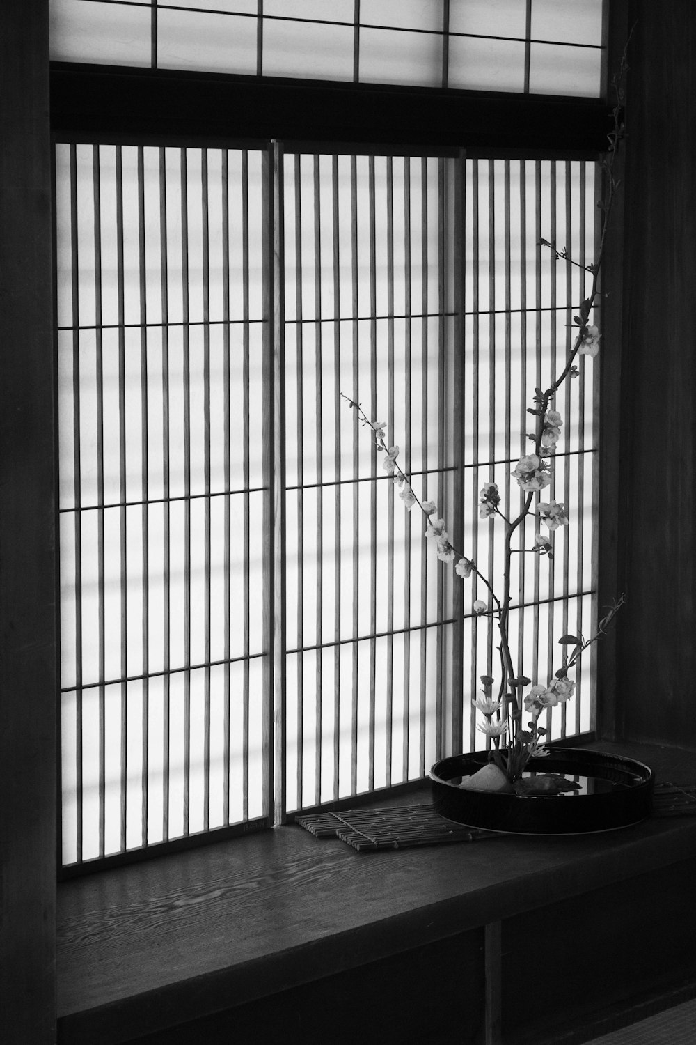 a black and white photo of a vase with flowers