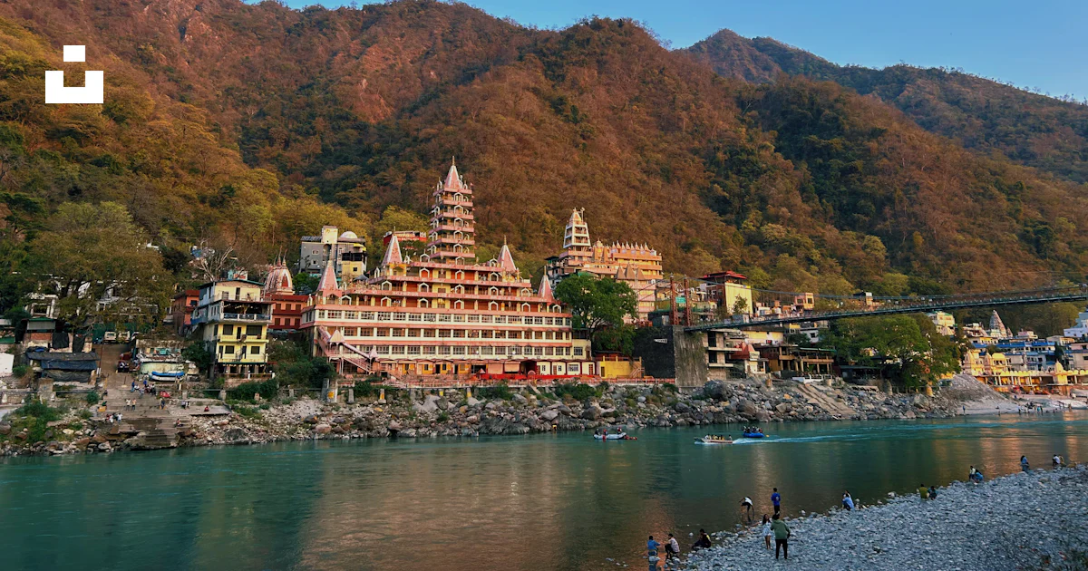 Top View Rishikesh A scenic view of a mountain town with a river running through it photo ...