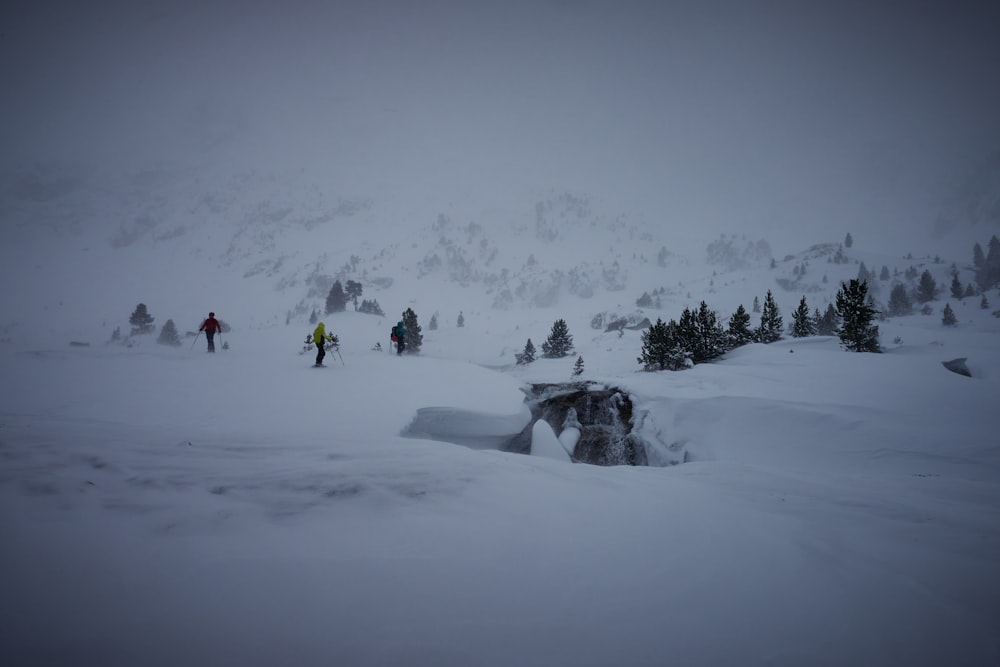 un groupe de personnes marchant sur une pente enneigée