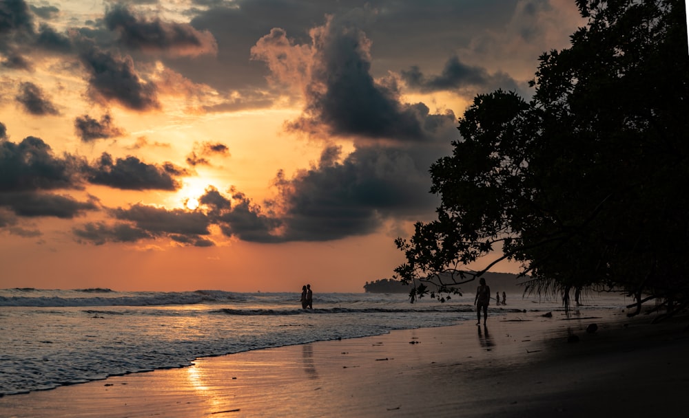 a couple of people standing on top of a sandy beach