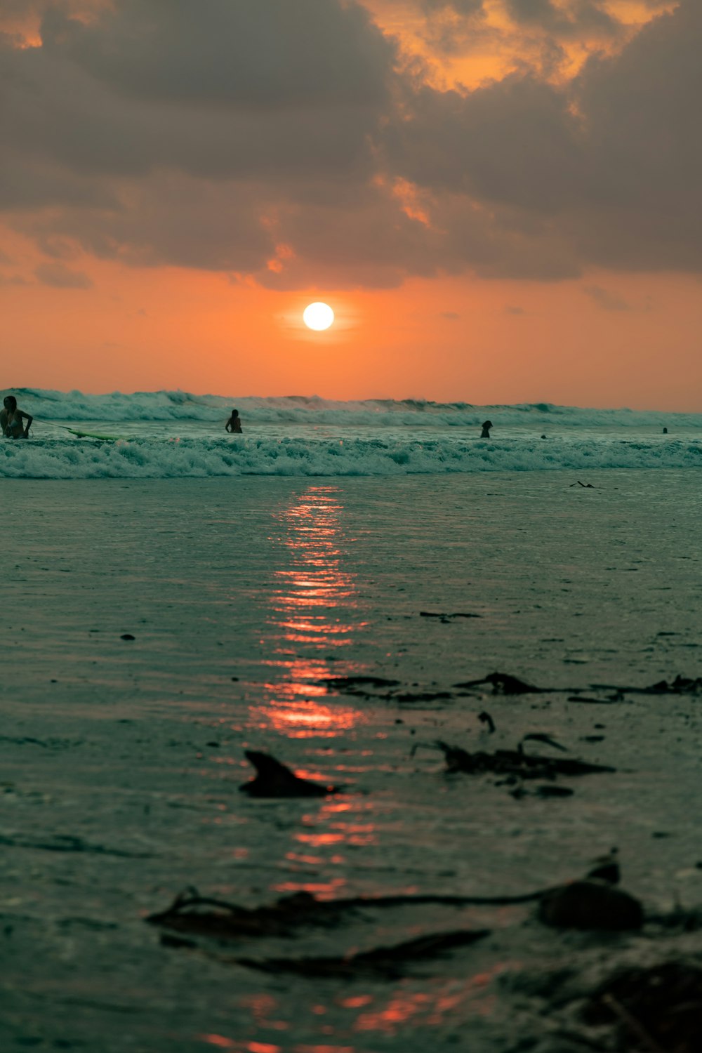 a group of people riding surfboards on top of a wave