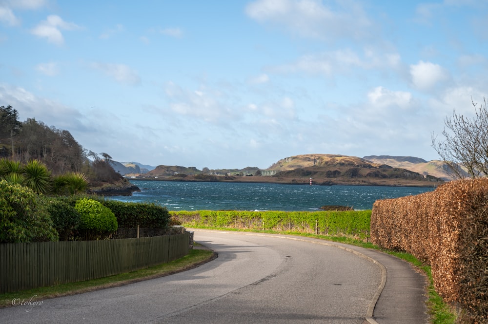 a curved road with a lake in the background