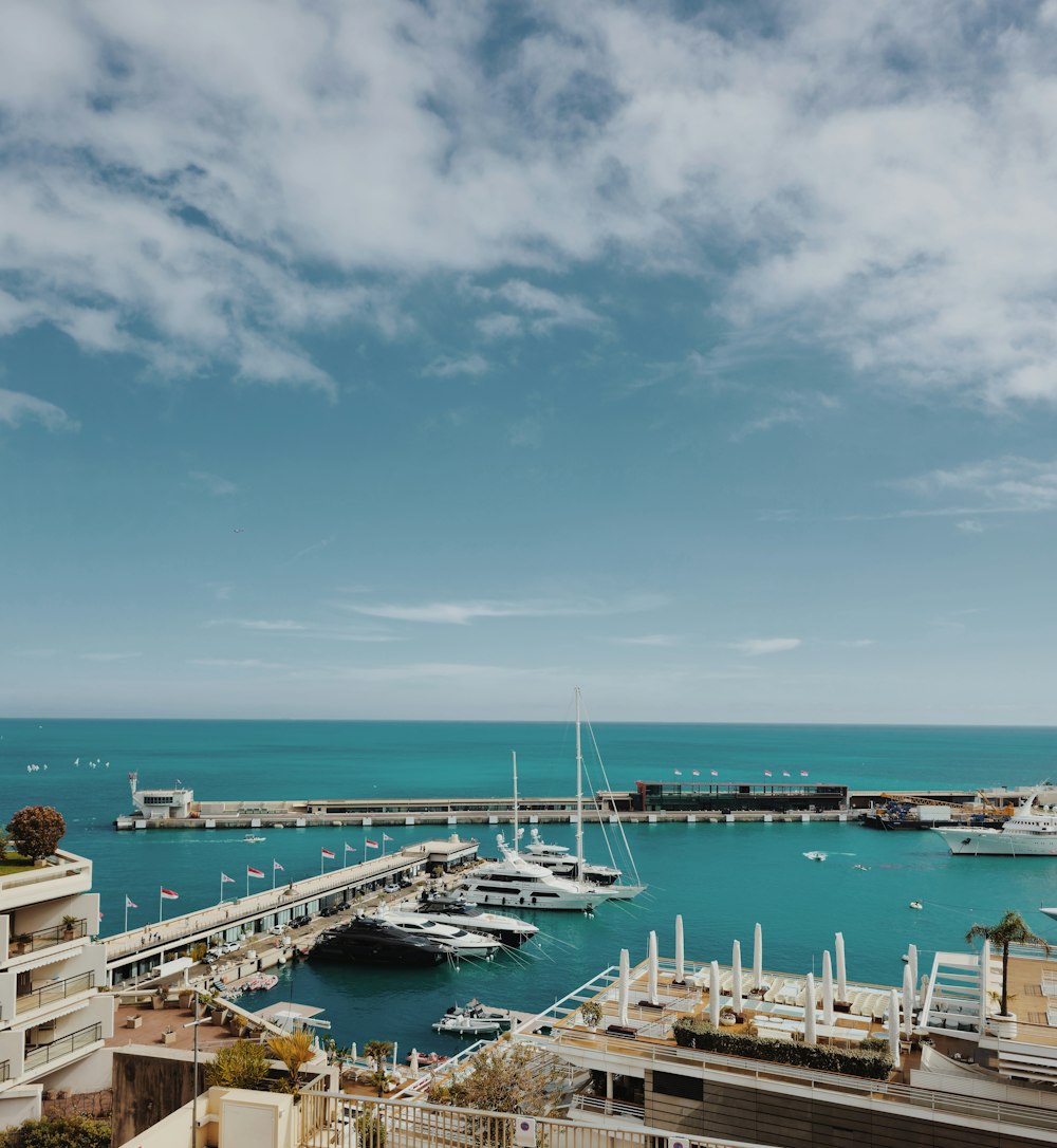 a view of a harbor with boats in the water