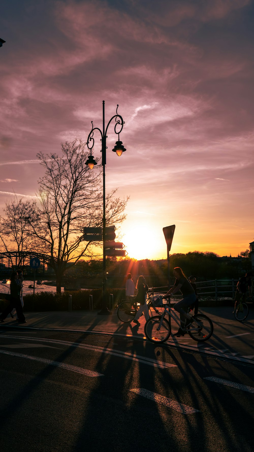 a couple of people riding bikes down a street