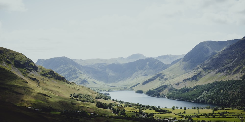 a scenic view of a lake surrounded by mountains