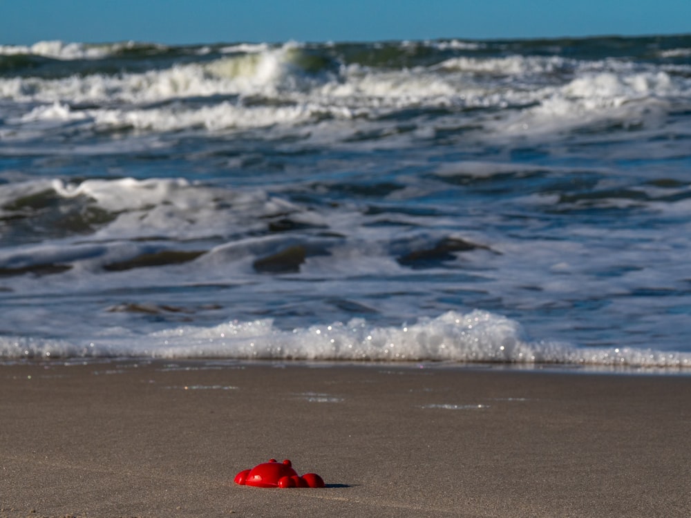 Ein roter Hydrant sitzt auf einem Sandstrand