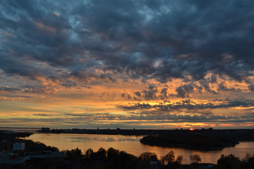 the sun is setting over a body of water