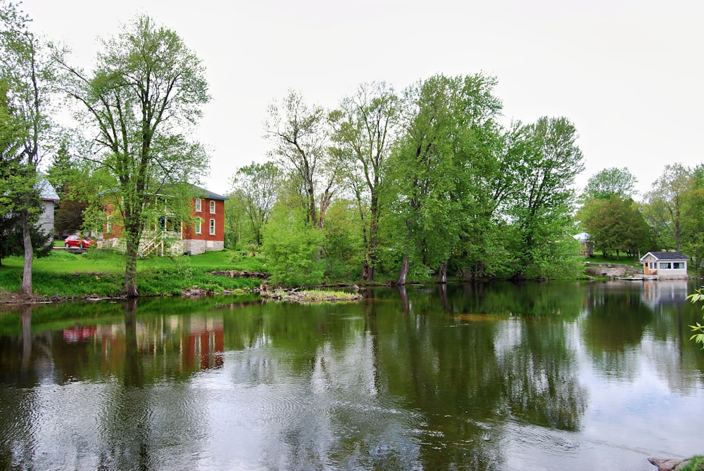 a lake with a red house in the background