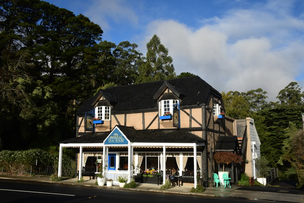 a large building with a blue and white roof