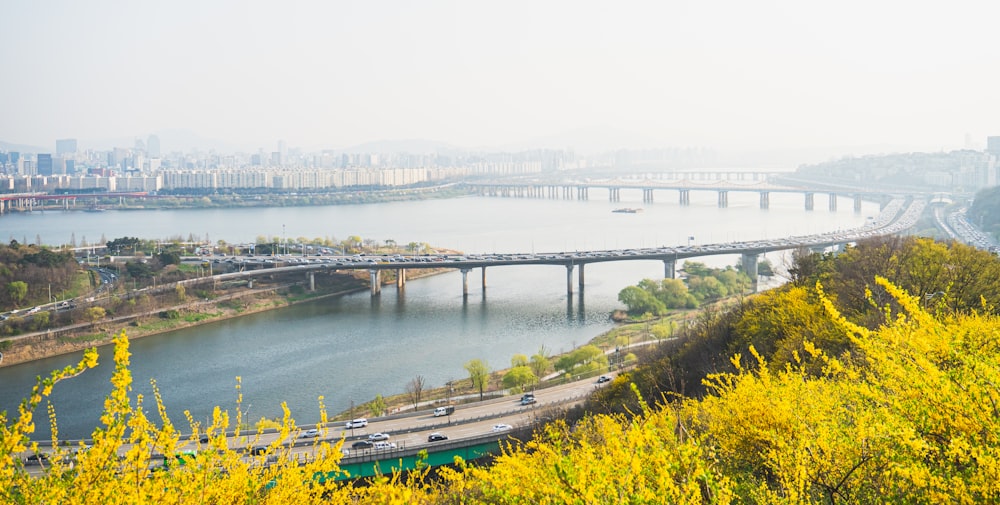 a large bridge over a river next to a lush green hillside