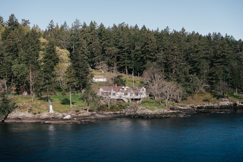 a house on a small island surrounded by trees