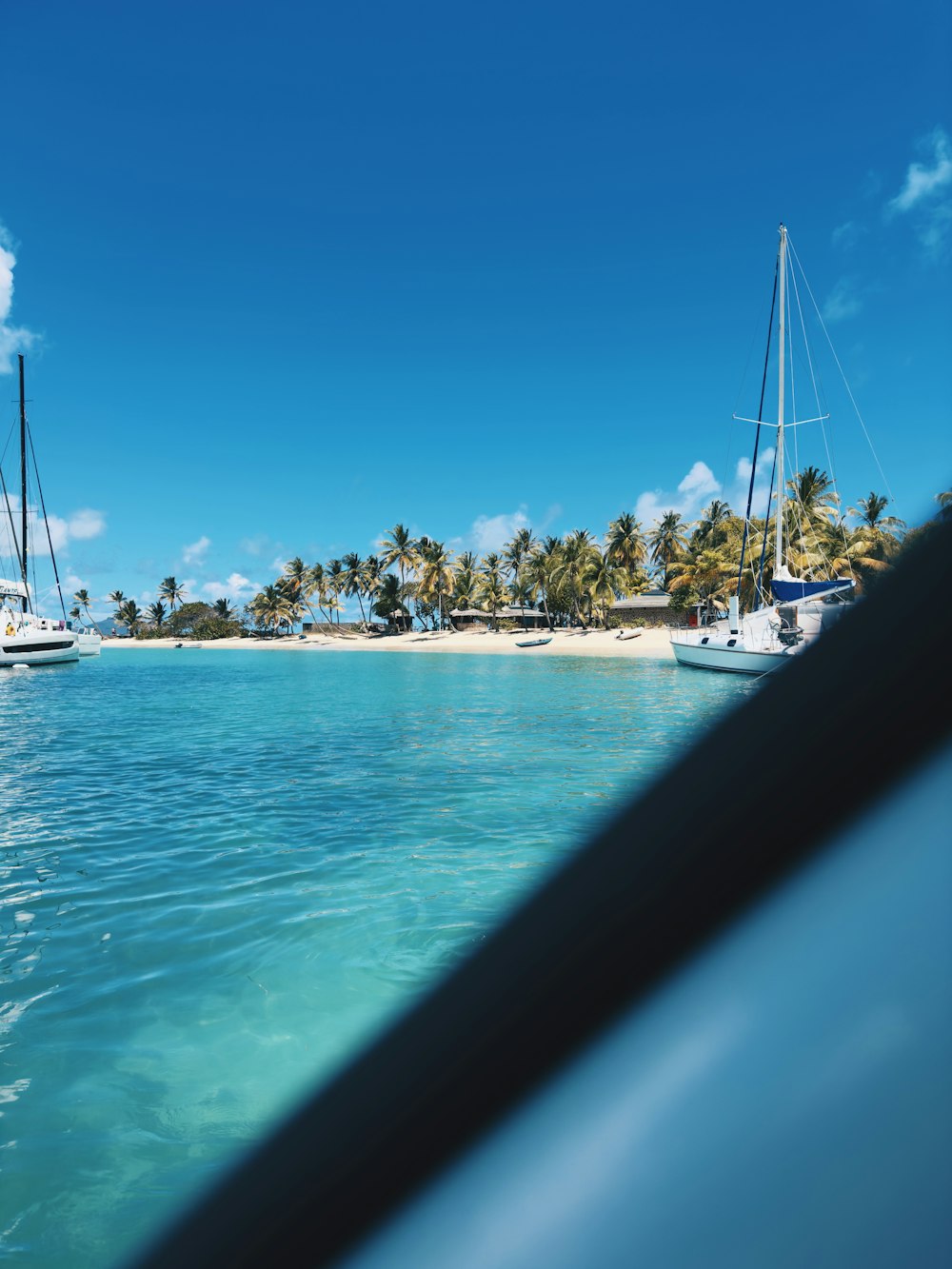 a view from a boat of a beach and palm trees