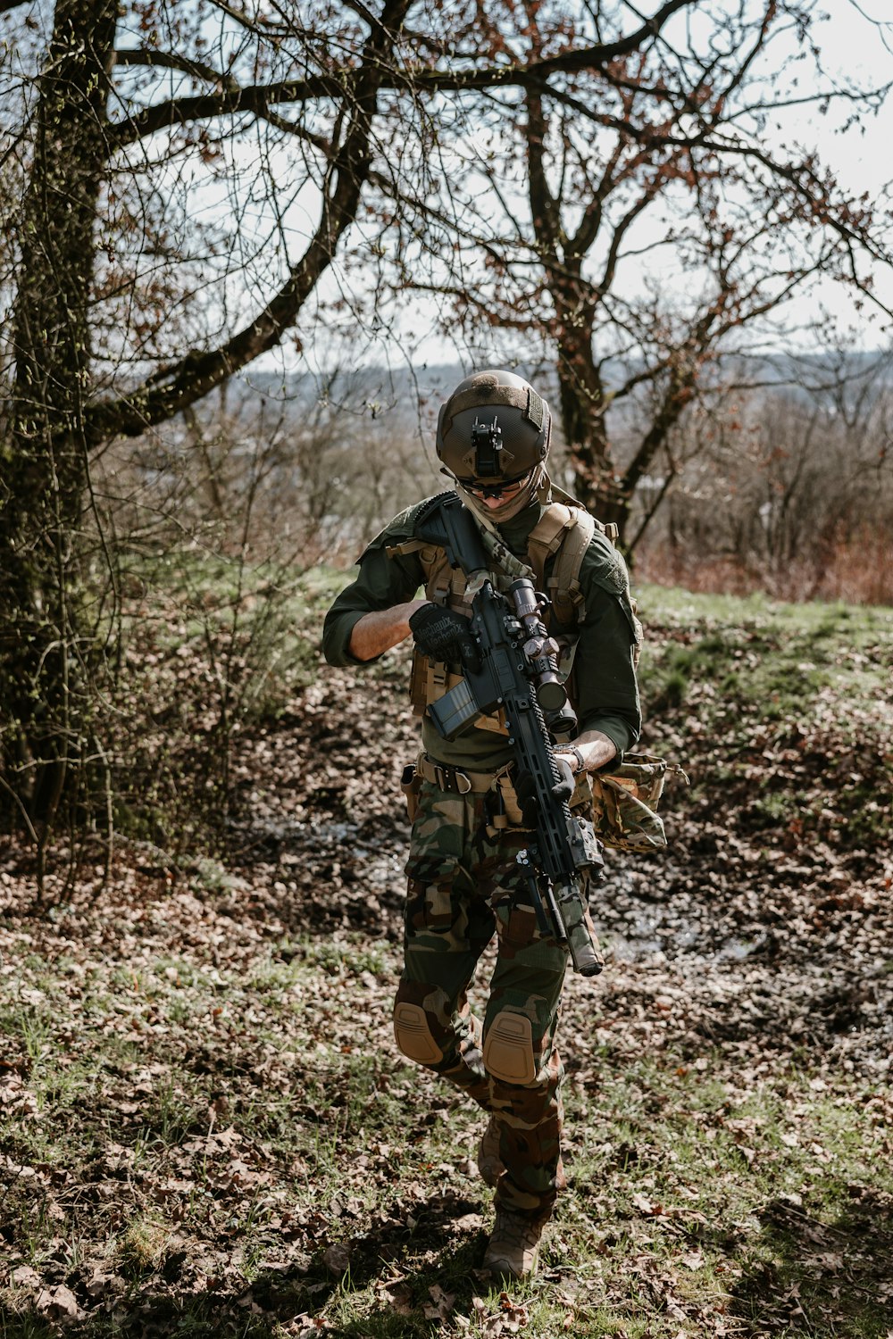 a man in camouflage holding a machine gun