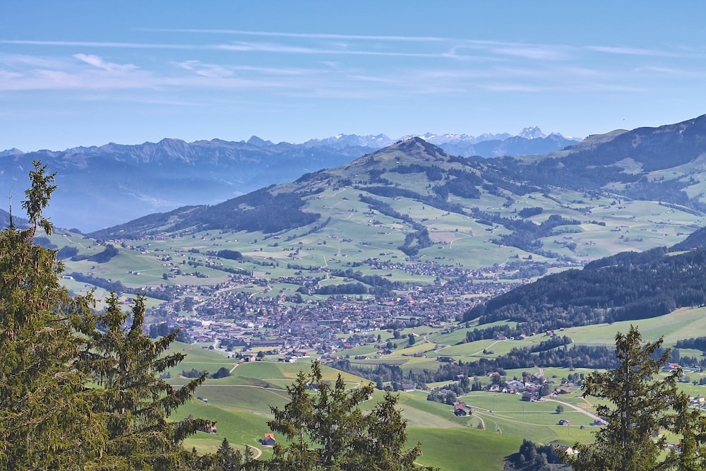 a view of a valley with mountains in the background