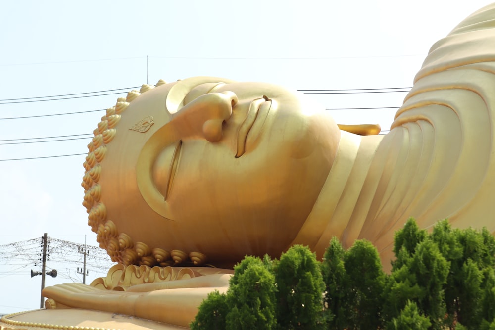 a large golden buddha statue sitting in the middle of a park