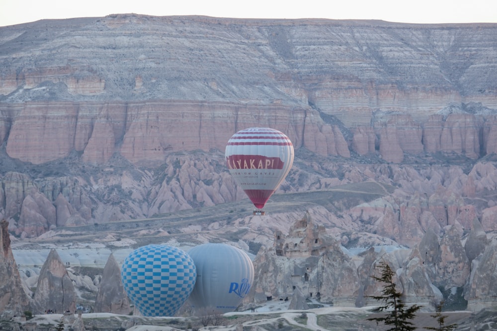 a group of hot air balloons flying over a valley