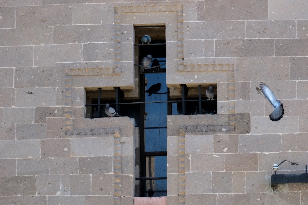 a cross on a wall with birds flying around