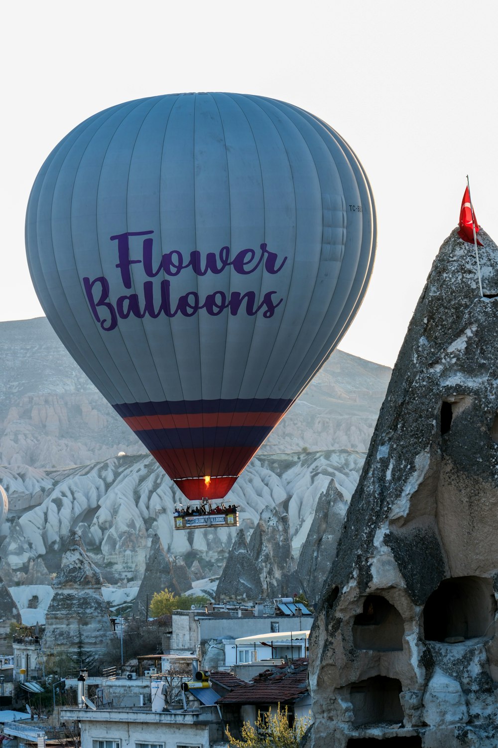 a hot air balloon with the word flower balloons written on it