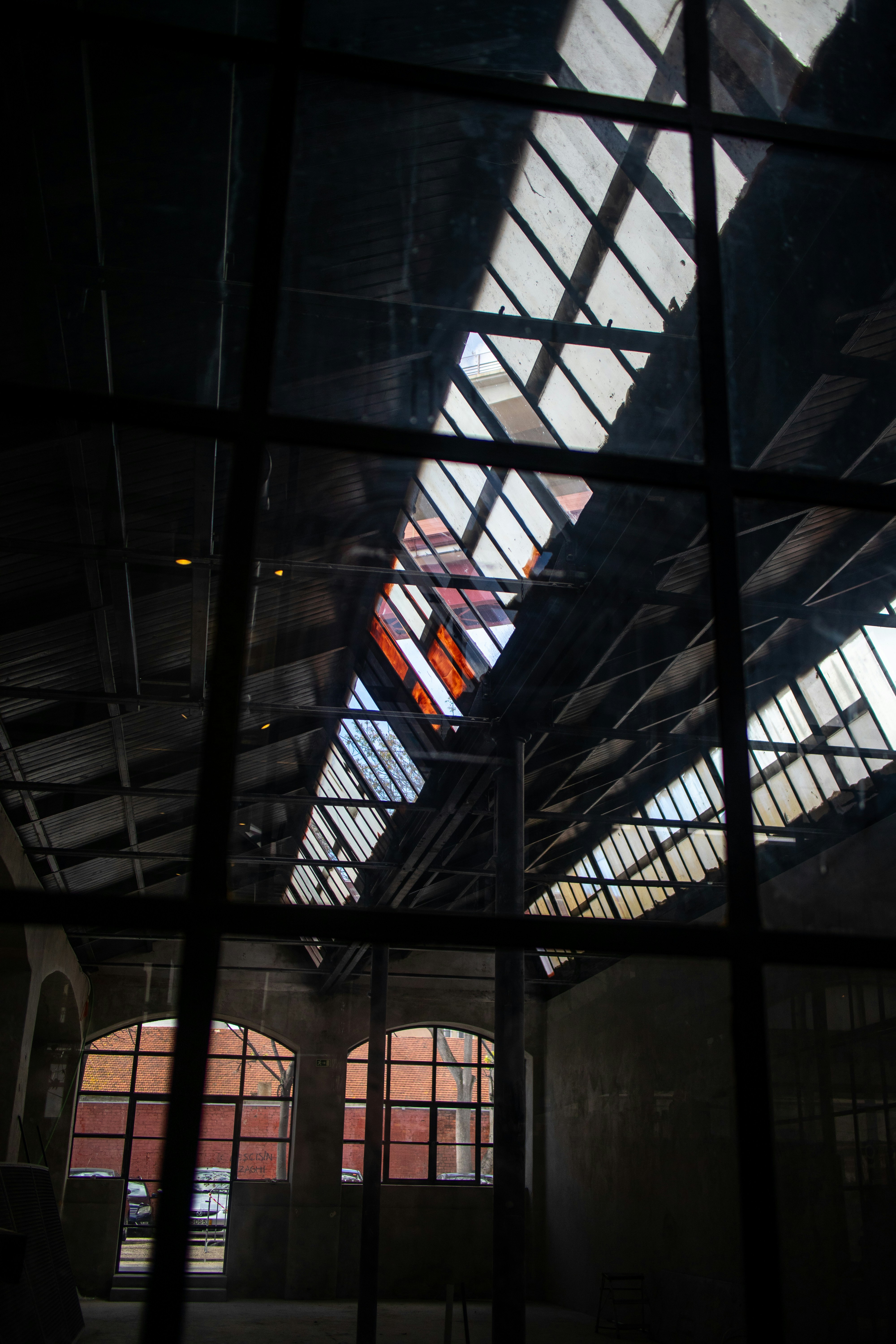 a view of a building through a glass window
