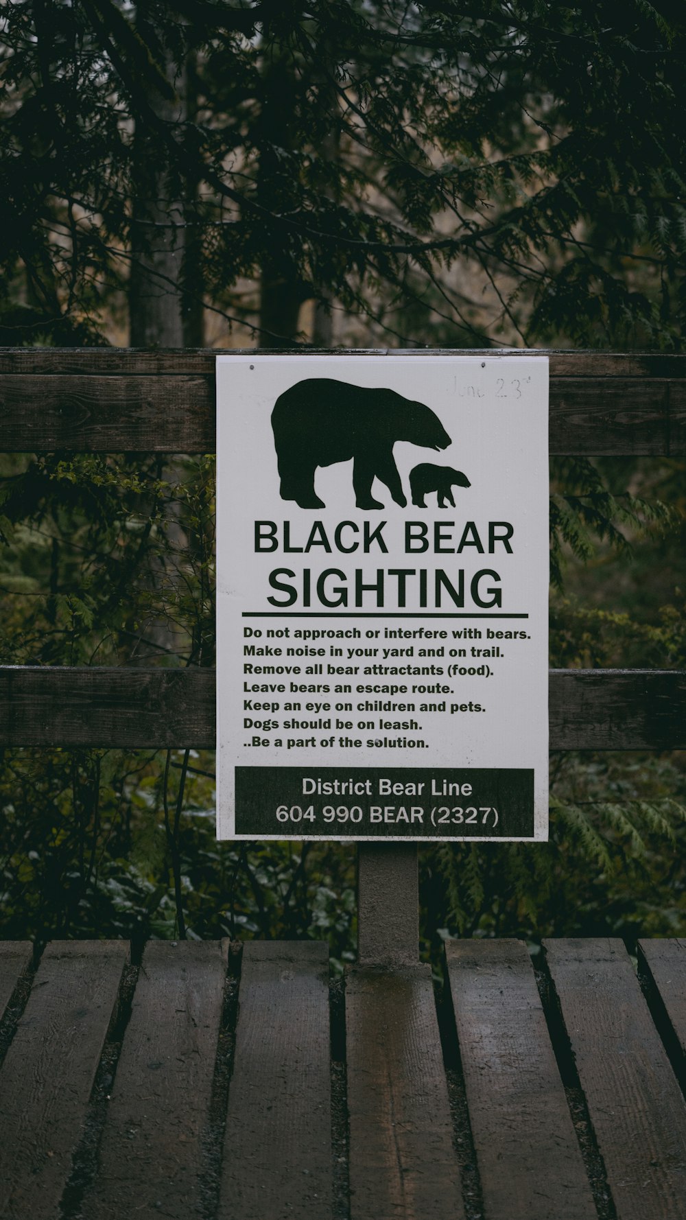 a black bear sign on a wooden fence