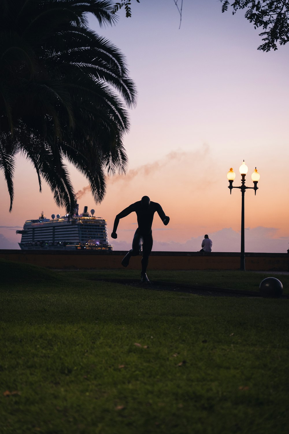 a man running in a park at sunset