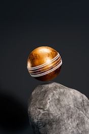 a cricket ball sitting on top of a rock