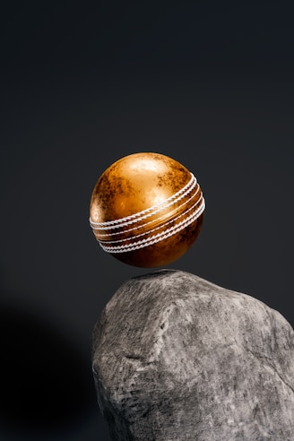a cricket ball sitting on top of a rock
