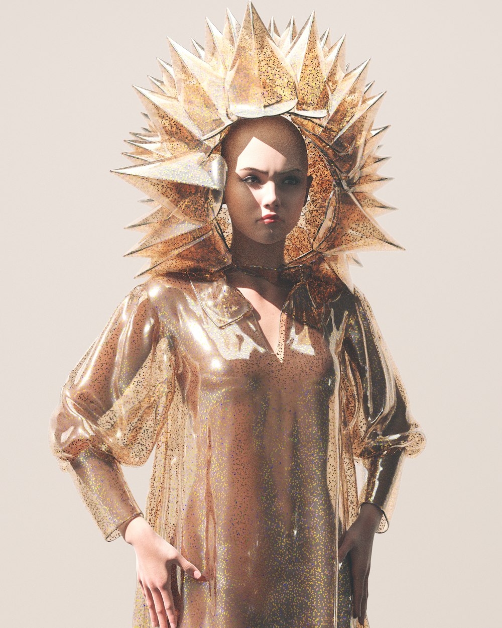 a woman in a gold dress with a sun hat on her head