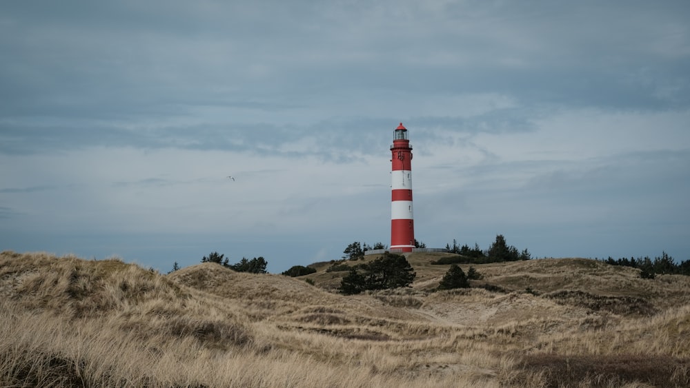 a red and white lighthouse sitting on top of a hill