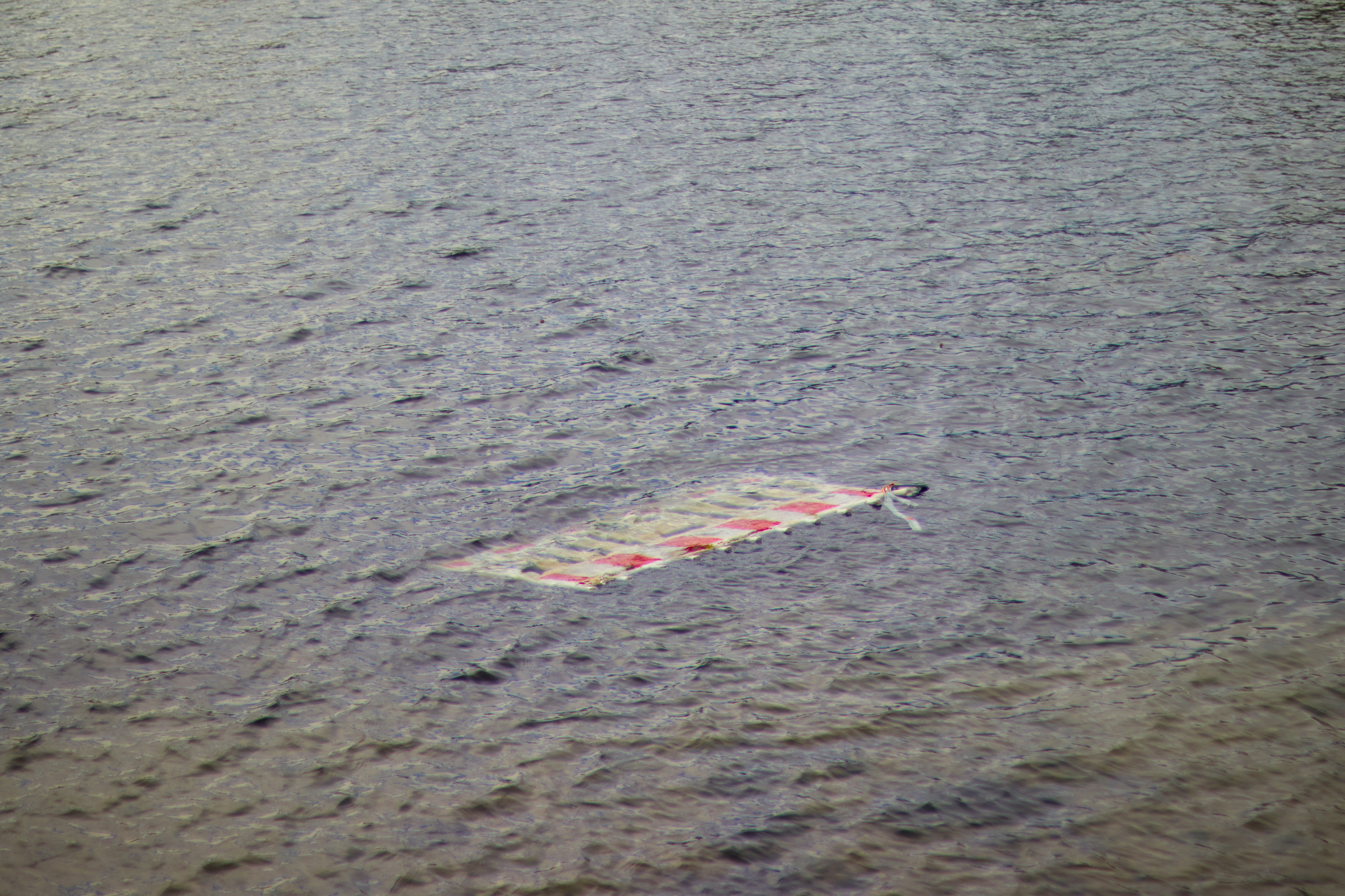 a kite floating in the middle of a body of water