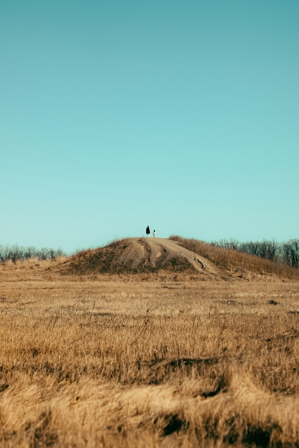two people standing on top of a dry grass hill