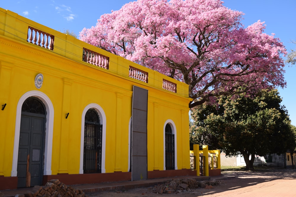 un edificio amarillo con un árbol rosa frente a él