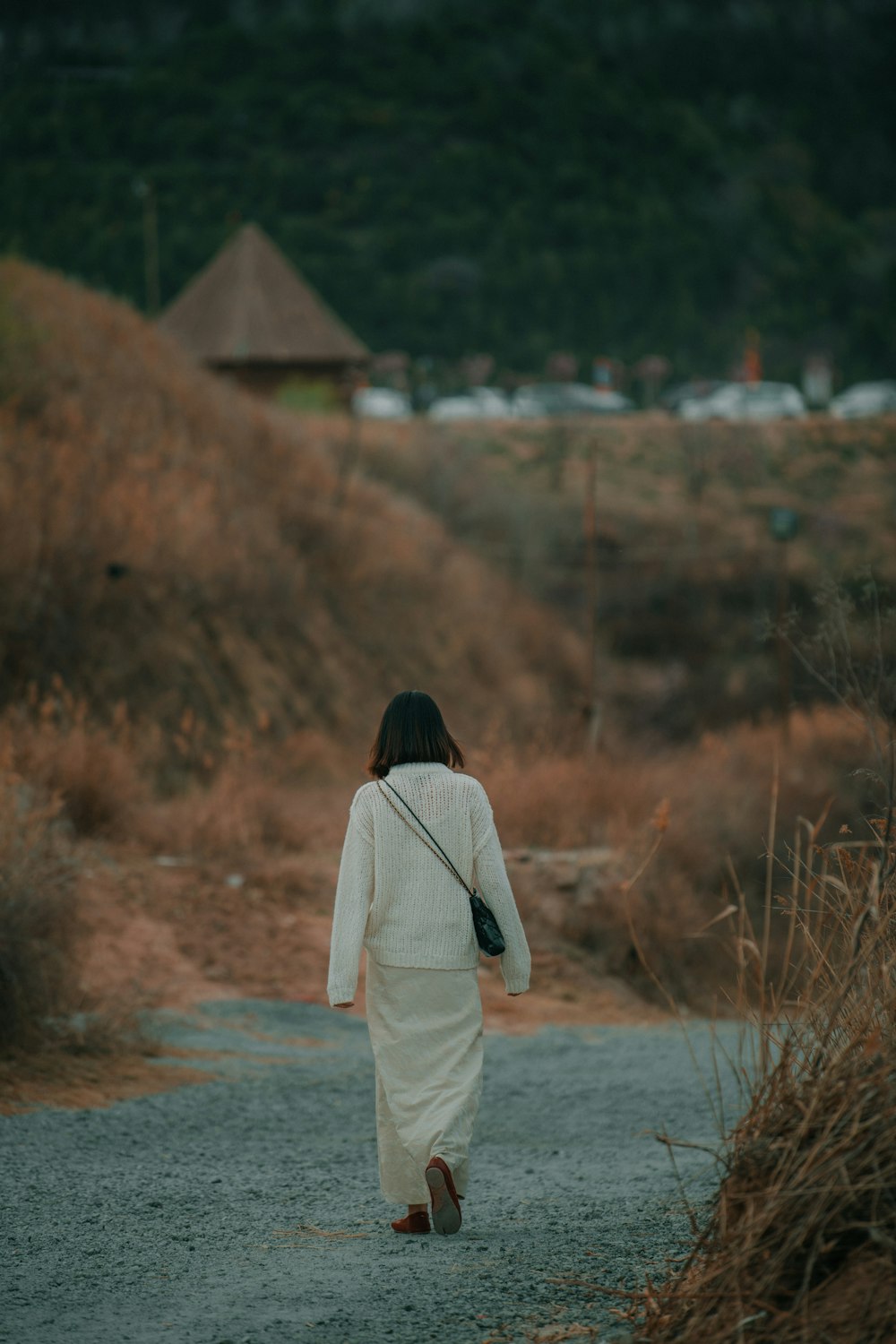 una donna in abito bianco che cammina lungo una strada sterrata