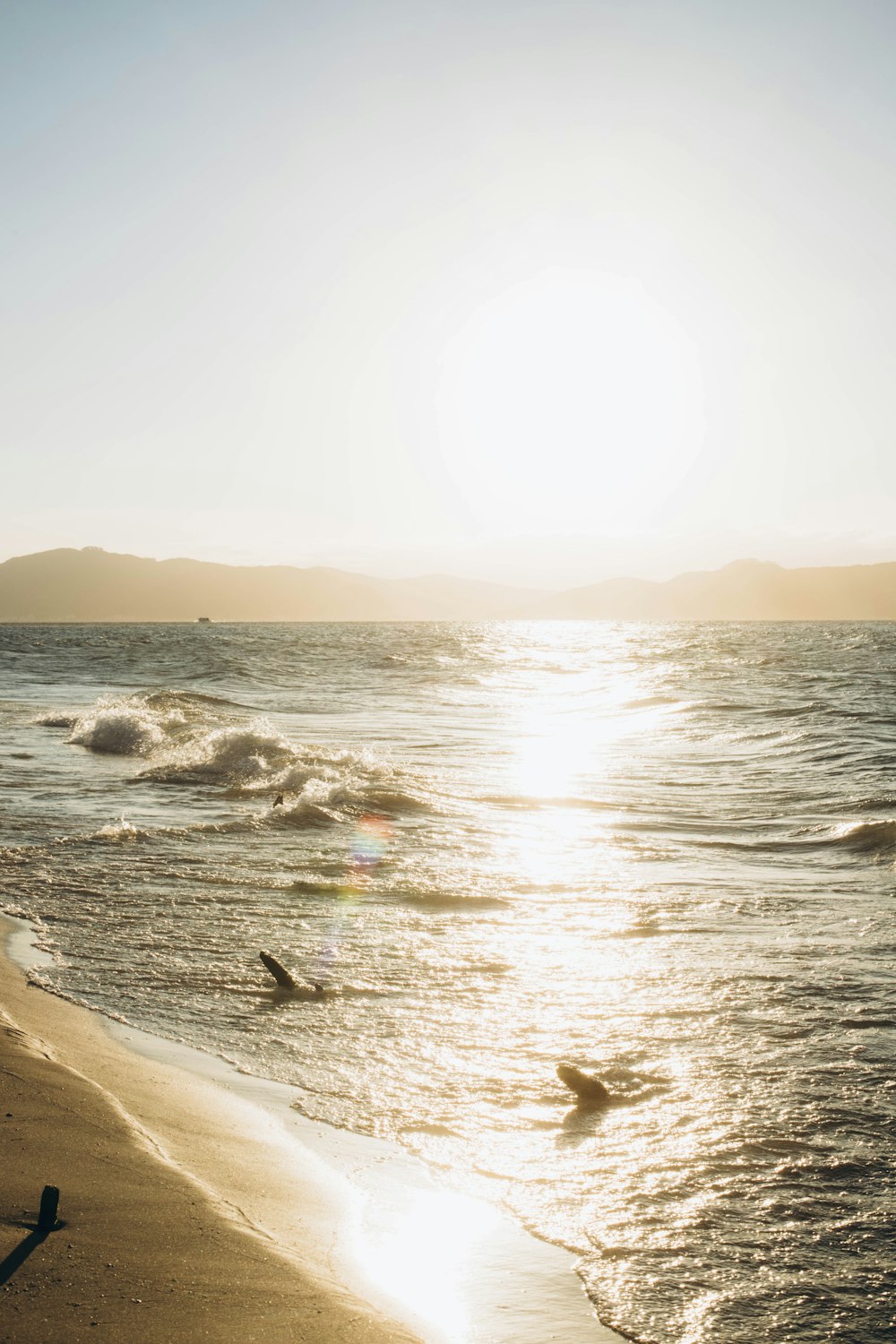 the sun shines brightly over the ocean as surfers ride the waves