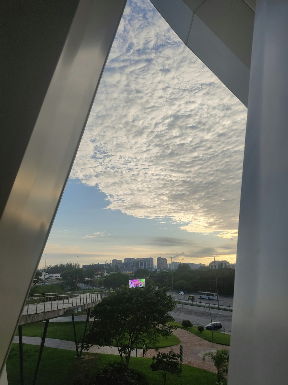 a view of a city from inside a building