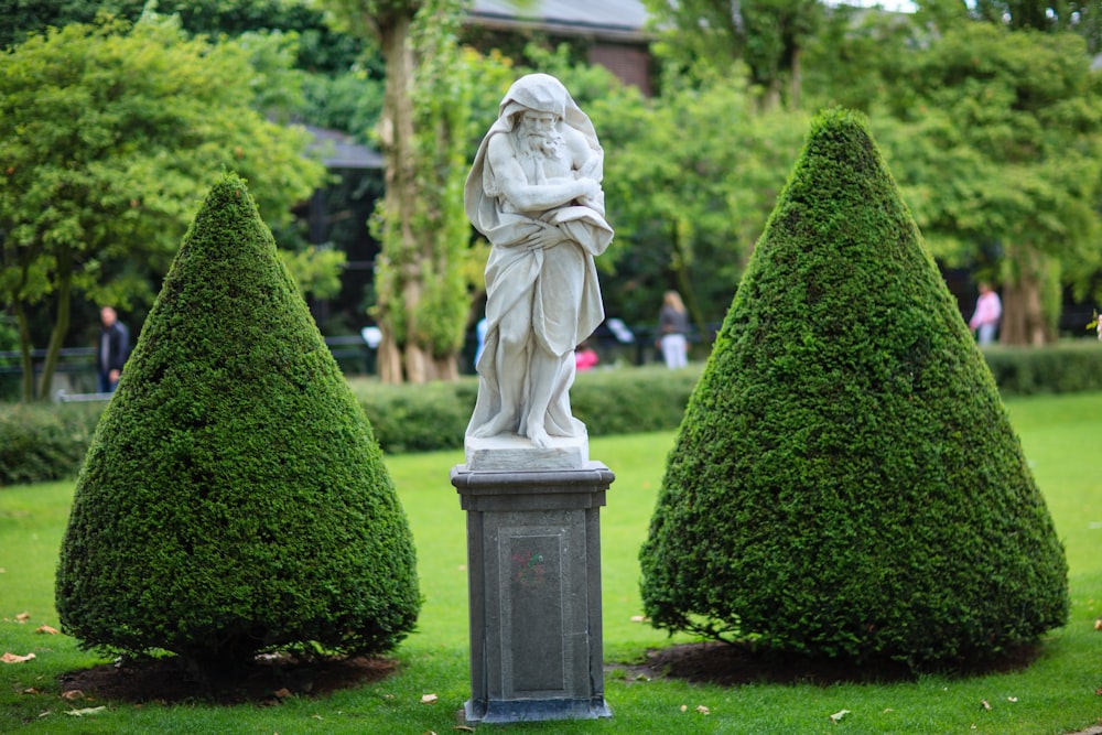 a statue of a man in a park surrounded by trees