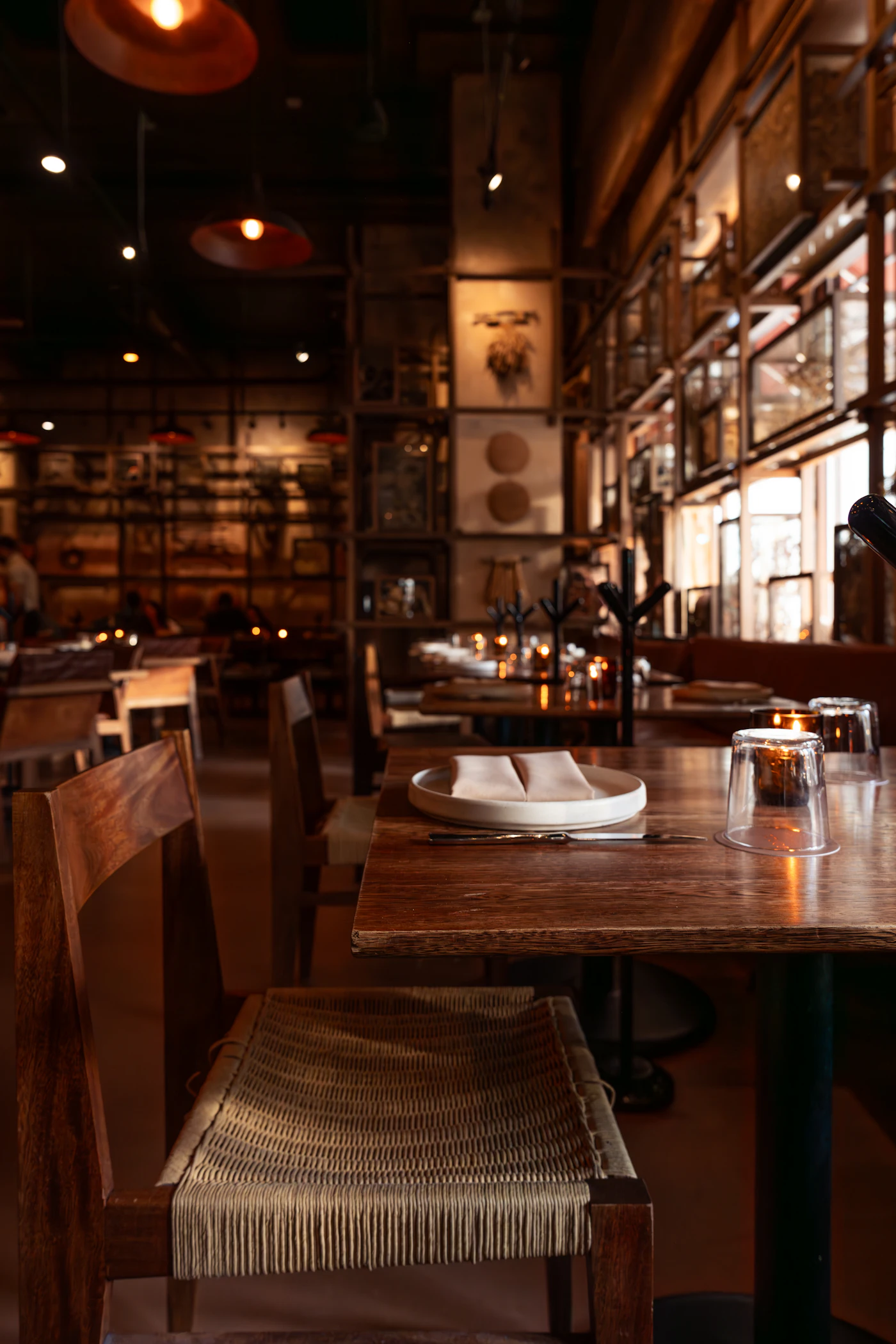 View across the dining room from a booth