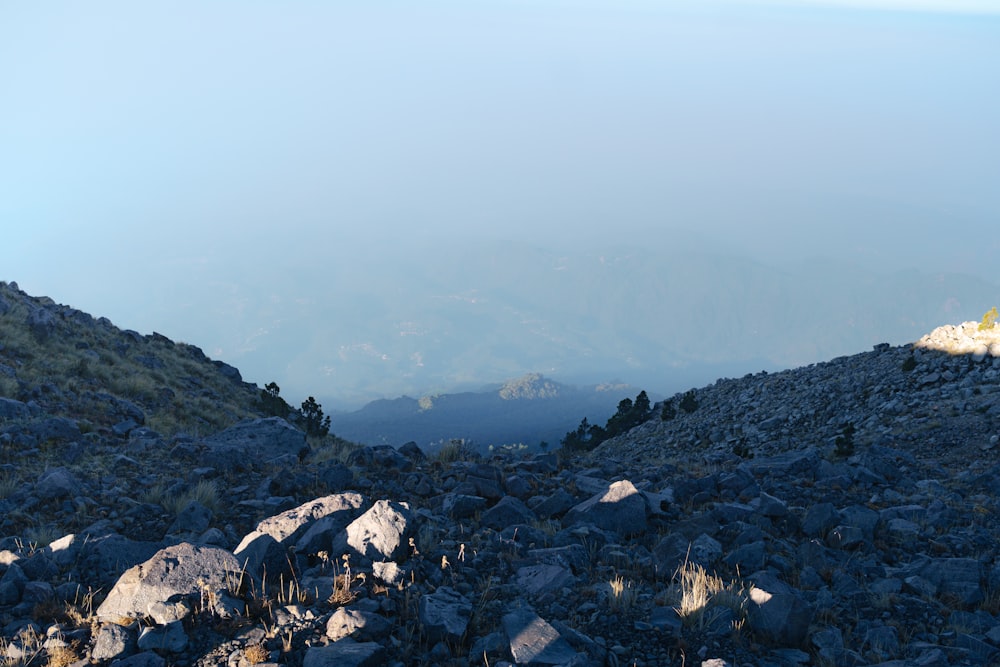 a view of a rocky mountain with a few trees in the distance