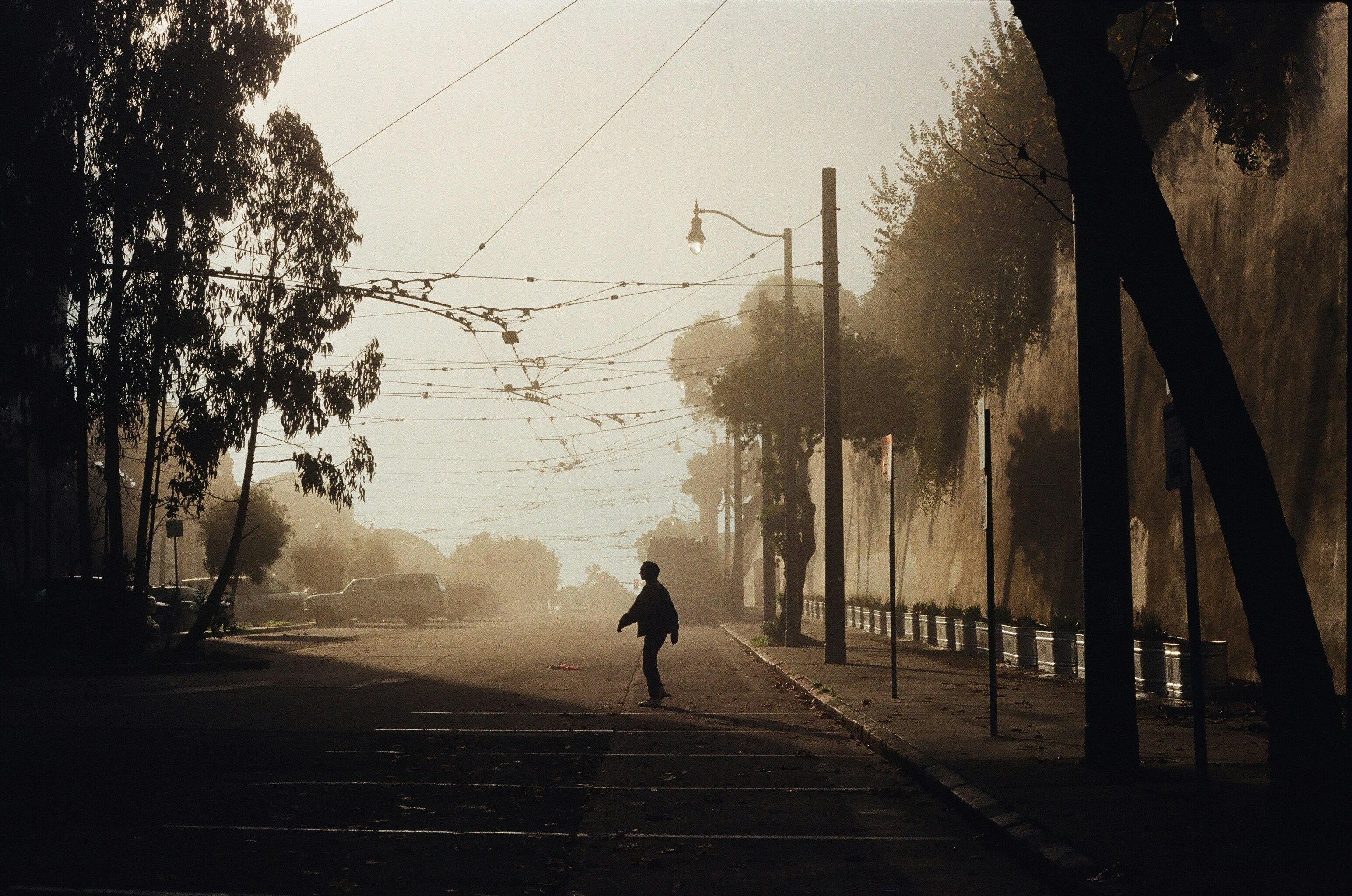A lone traveler standing still on a long road at dawn, soft mist, calm and reflective atmosphere