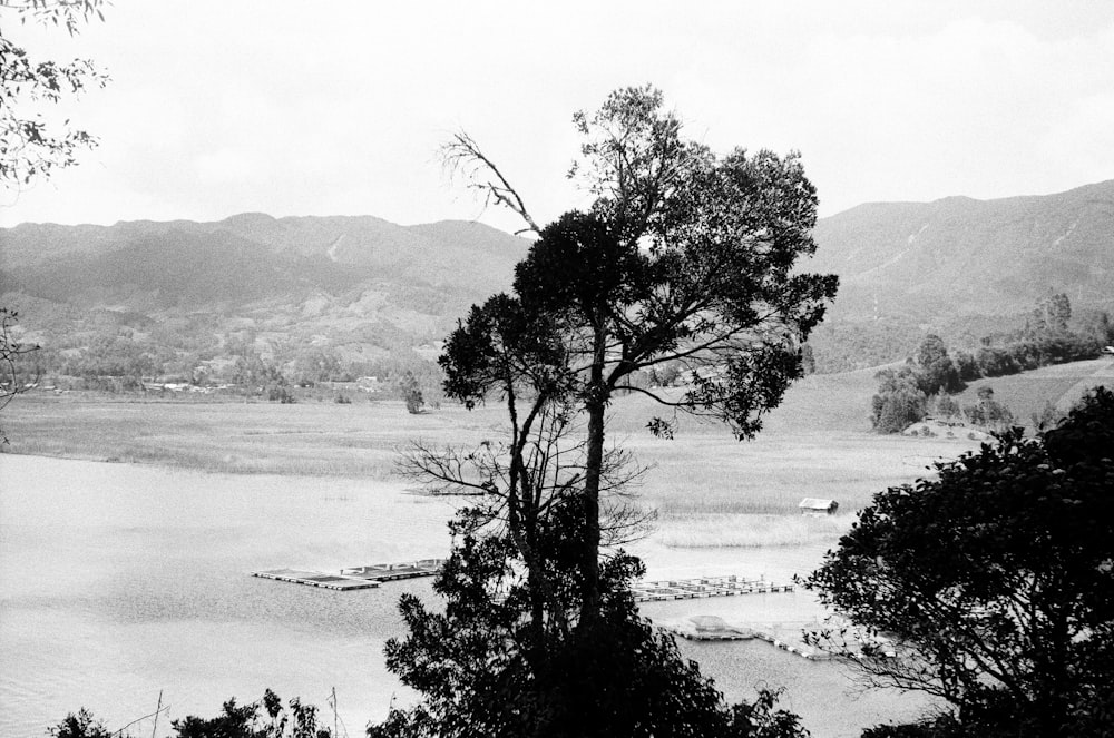 a black and white photo of a lake surrounded by mountains