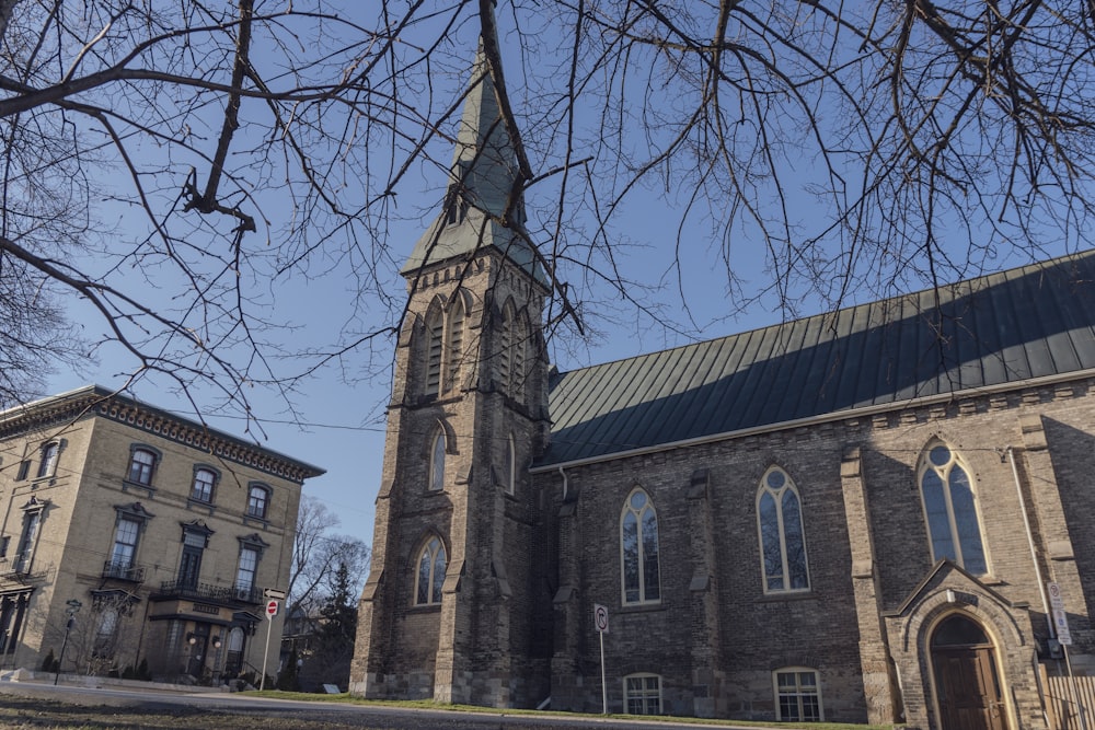 a church with a steeple and a clock tower