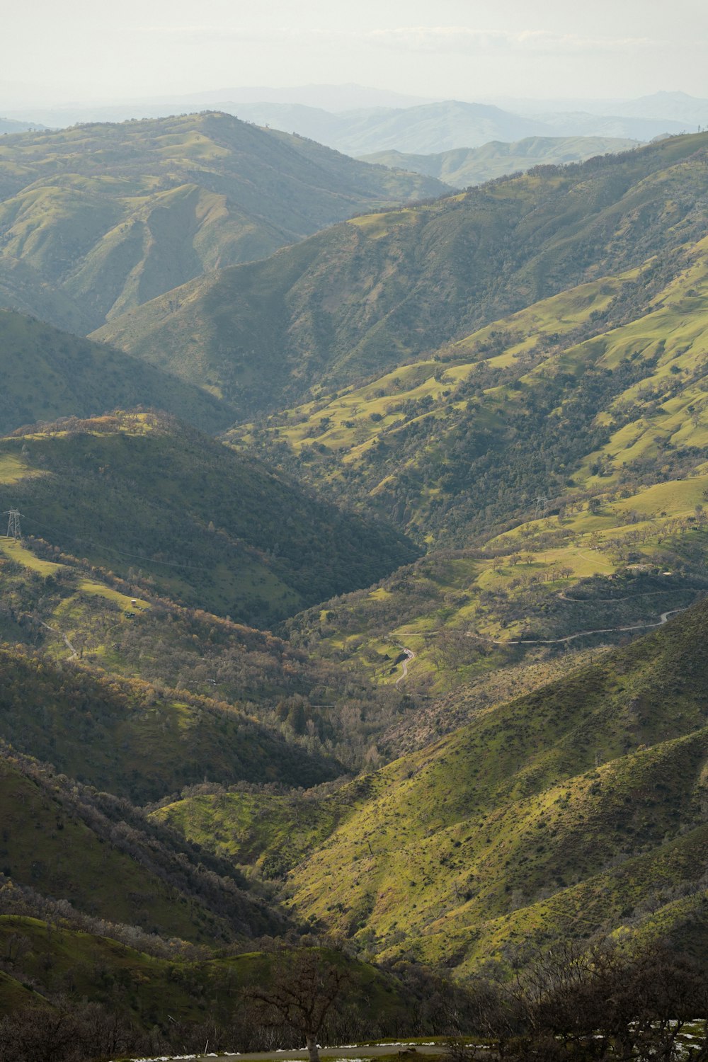 a view of a valley with mountains in the background