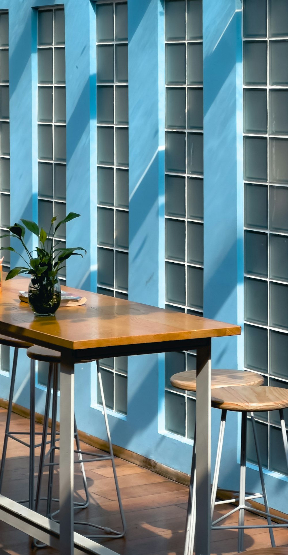 a table with two chairs and a potted plant