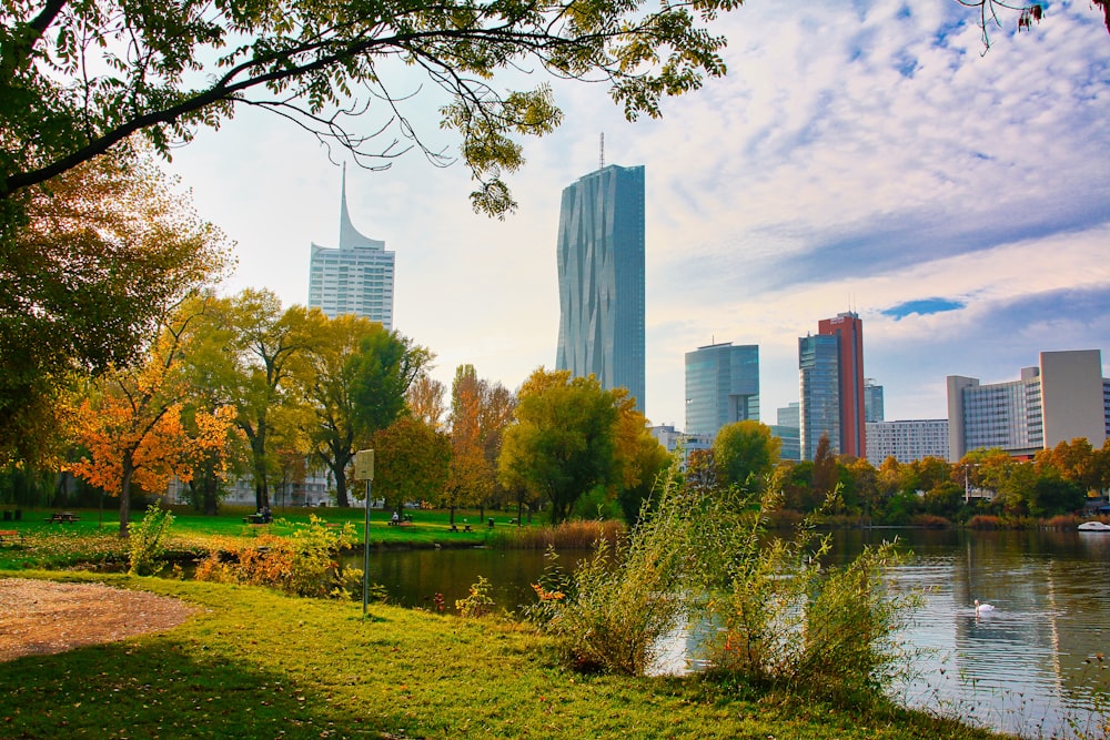 a view of a city with a lake in the foreground