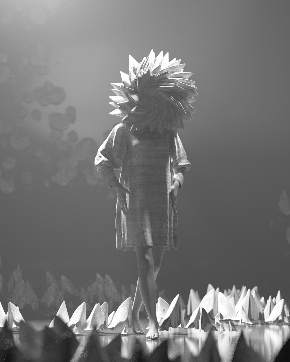 a black and white photo of a woman with a sunflower on her head