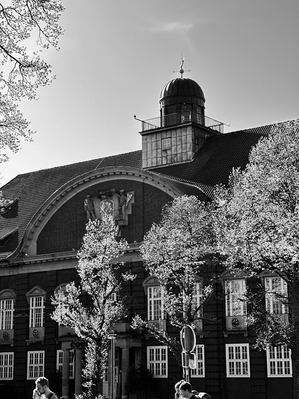 a black and white photo of a large building