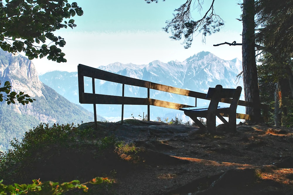 a wooden bench sitting on top of a lush green hillside