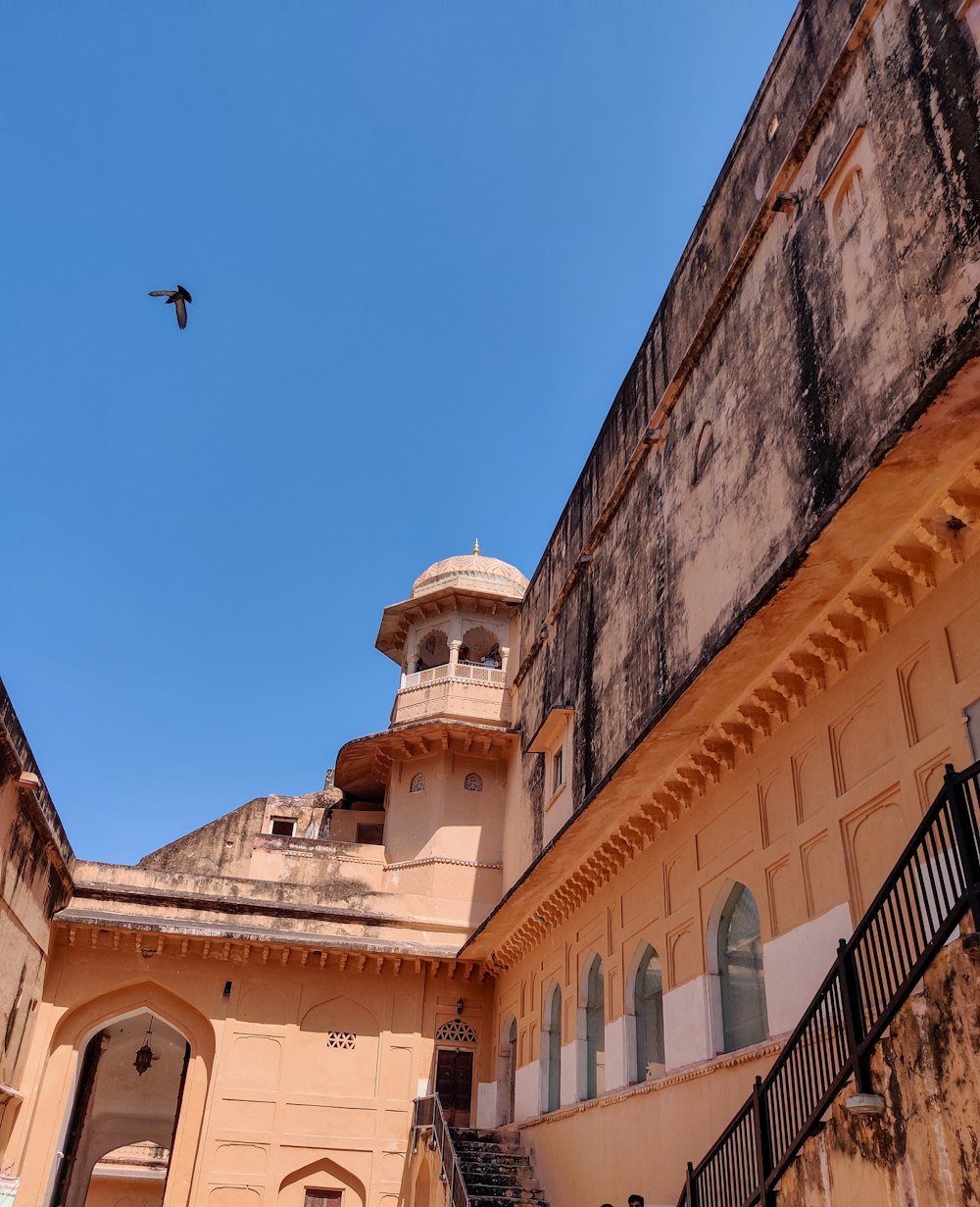 a building with a bird flying over it