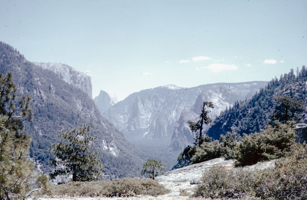 a view of a valley with mountains in the background